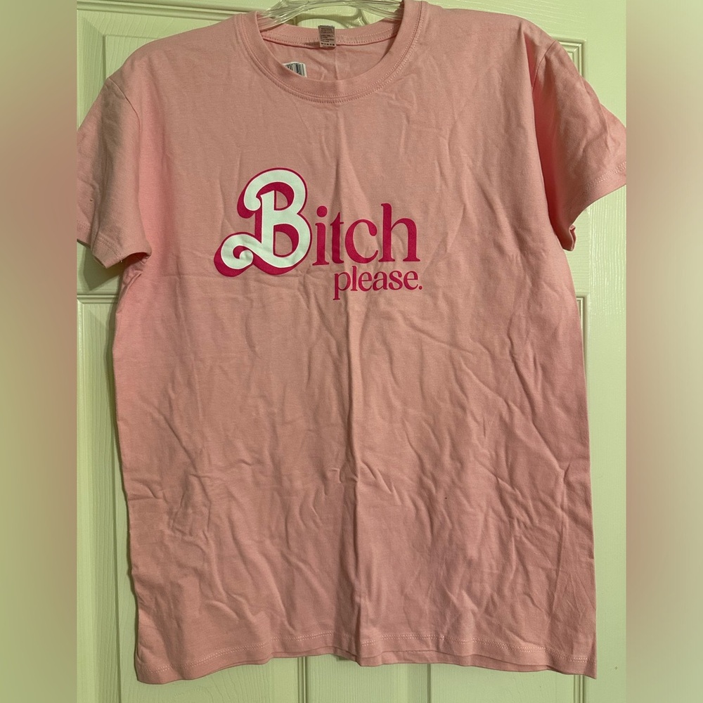 Unisex Small “Bit$*h Please” tee with the Barbie font